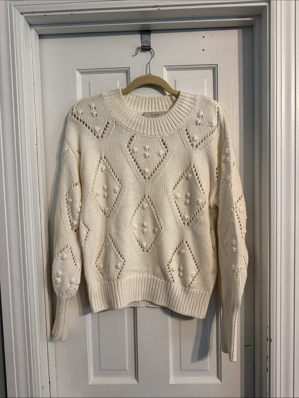 LOFT Cream Open-Knit Diamond Bobble Crewneck Sweater